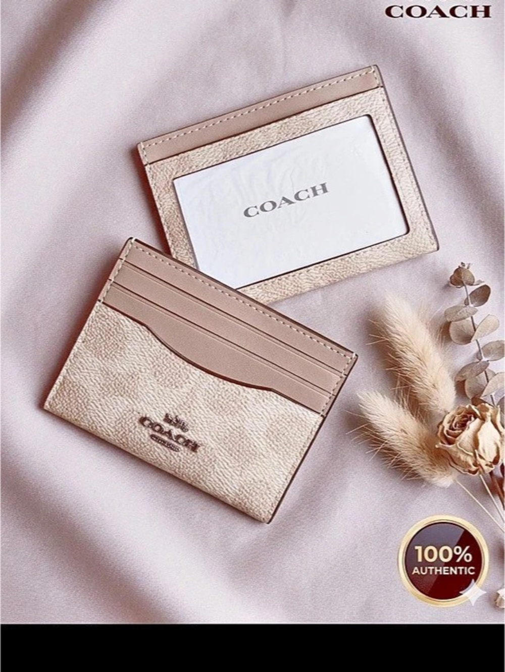 Coach Slim ID Card Case In Signature Canvas Pink & White